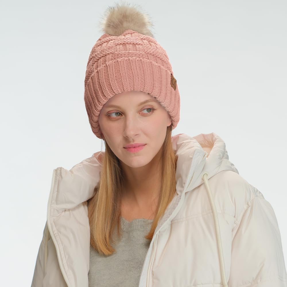 C.C. Beanie Thick Warm Fuzzy Sherpa Fleece Lining Ribbed Knitted Stretch Faux Fur Pom Beanie Hat