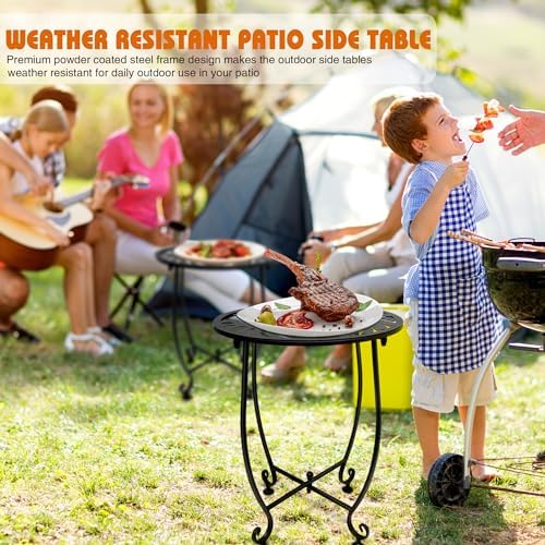 Outdoor Side Table for Small Spaces, 2 Pack 14 Inch Round Metal End Table for Patio Balcony Yard Porch, Anti-Rust Waterproof Accent Table for Indoor Outdoor Use, Easy Assembly