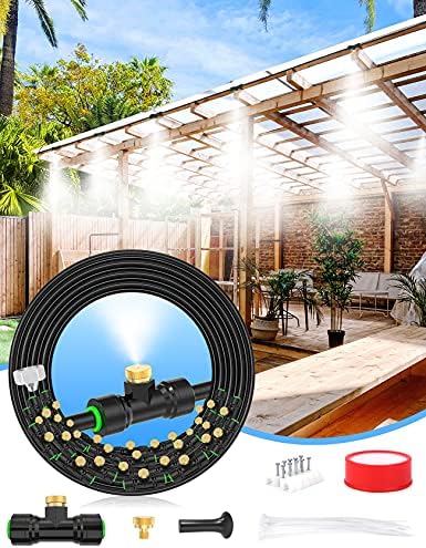 Misters for Outside Patio 89FT(27.3M)+34 Brass Mist Nozzles+a Brass Adapter(3/4") Detachable Outdoor misting Cooling System for Garden, Waterpark, Greenhouse, Backyard