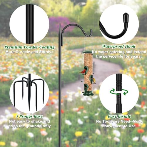 FEED GARDEN Bird Feeder Pole, 60 Inch Shepherds Hooks for Outdoor with 5 Prong Base, Adjustable Heavy Duty Shepherds Hook for Plant Baskets, Hummingbird Feeder, Wedding Decor, Lanterns,2 Pack