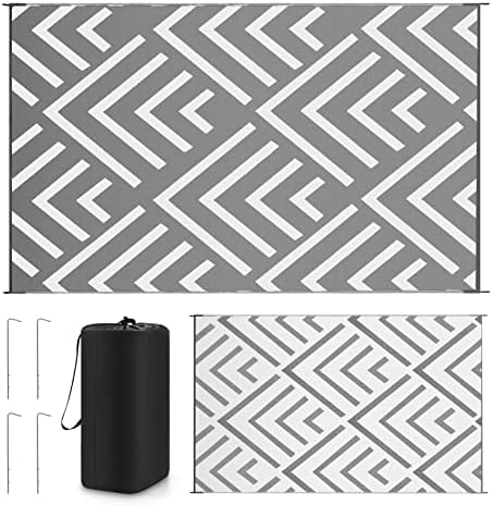 Kohree RV Outdoor Rug 9x12 Reversible, Waterproof Patio Mat with 4 Stakes & UV Fade Resistant, Non-Slip Outdoor Camping Mat for Deck, Picnic, Backyard, Includes Carry Bag (Grey & White)