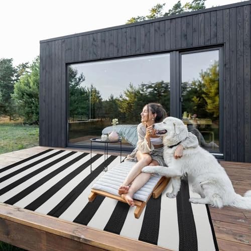 STRICKLANDHOME Outdoor Rug Waterproof 5 x 8 ft, Reversible Plastic Straw Rug for Patio, Large Outdoor Carpet for RV, Patio, Camping, Backyard, Deck, Picnic, Beach, Black & White