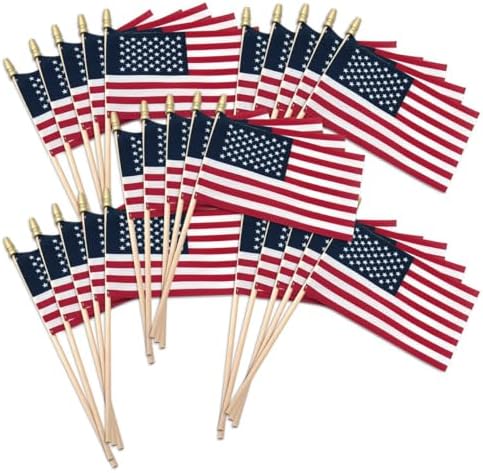 Super Tough Small American Stick Flags 1’x1.5’ | Cotton Outdoor Flag on 2.5’ Wooden Stick | Mini Flags Patriotic Decor for Various Holiday Parties and National Flag Day | 25 Pack