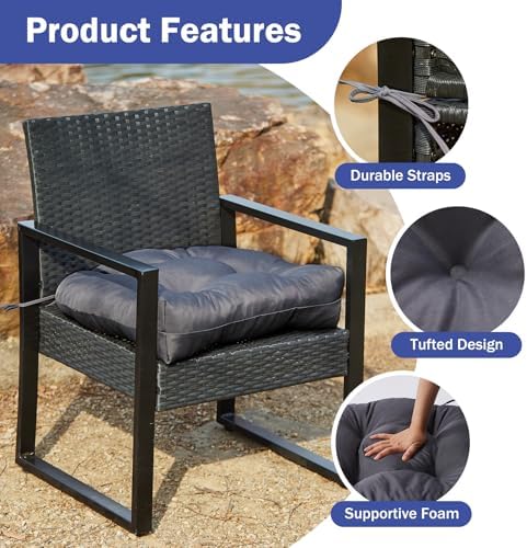 Outdoor Chair Cushions Set of 2, Patio Chair Cushions with Ties, 19x19 Tufted Outdoor Seat Cushions, Waterproof Patio Furniture Cushions, Outdoor Dining Chair Pads, Dark Grey