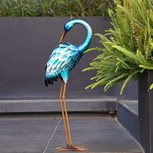 chisheen Crane Garden Statues, Metal Garden Crane Outdoor, Blue Heron Sculpture Metal Yard Art, Large Heron Decoy, Bird Statues, Lawn Ornaments for Backyard Pond Patio Porch Outside Decorations