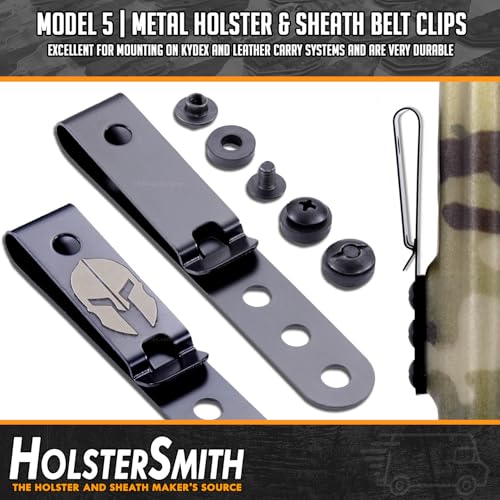 HolsterSmith Universal Metal Belt Clip for Holster Making - (Model 5) - (3-Hole) - (Tactical Black) - (w/Spartan Helmet Engraving) - (2 Pack)
