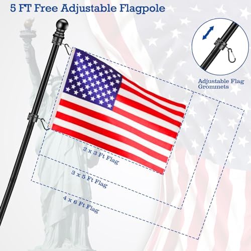 Black Flag Pole Kit for House, 5 FT Thickened Stainless Steel Outside Wall Mount Flagpole for 3x5' Flag, 1" Tangle Free Rotating Flag Pole Rings & 2-Position Bracket Holder for Porch