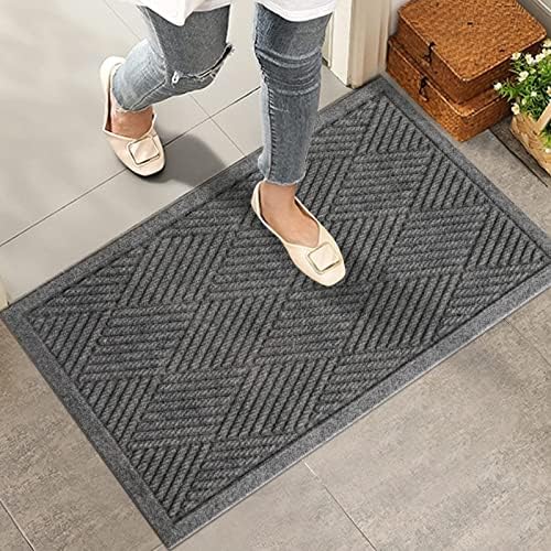 Sturdy Front Door Mat, Absorbent Muddy Dirt Resist Welcome Door Mats Outdoor Indoor, Stain and Fade Resistant, Non-Slip Rubber Backing Low Profile Doormat for Entryway, 30×17, Grey