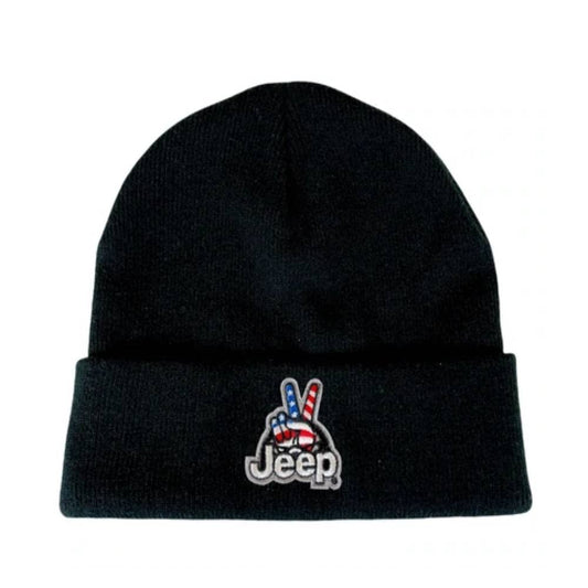 Jeep Wave USA Logo Patch Knit Hat Flip Knit Beanie (Black)