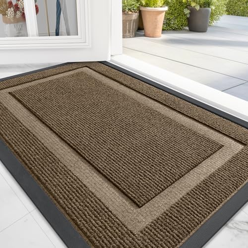 OLANLY Front Door Mat Indoor Outdoor Entrance, Waterproof All-Season, All-Weather Doormat, Sturdy Natural Rubber, Fade Resistant, Low Profile, Easy Clean Patio Porch Entryway Mat, 36x24, Brown