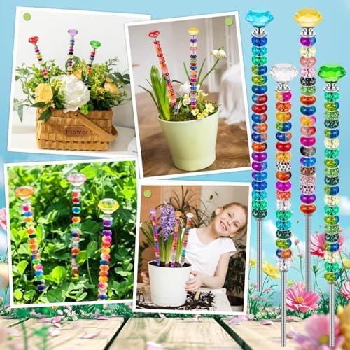 230 Pcs Beaded Garden Stakes, DIY Fairy Wand Garden Stake Beads Kits with 200 Colorful Assortment Round Large Hole Beads with 10 Crystal Stopper Top, 10 Threaded Rod and 10 Nuts for Outdoor Decoration