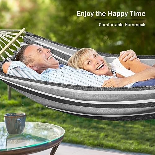 MOSFiATA Hammocks Portable Camping Hammock Upgraded 550lb Comfortable Fabric Hammock with Two Anti Roll Balance Beam and Sturdy Tree Straps for Camping, Patio, Backyard, Outdoor （Grey）