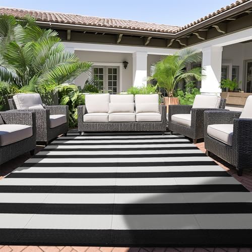 STRICKLANDHOME Outdoor Rug Waterproof 5 x 8 ft, Reversible Plastic Straw Rug for Patio, Large Outdoor Carpet for RV, Patio, Camping, Backyard, Deck, Picnic, Beach, Black & White