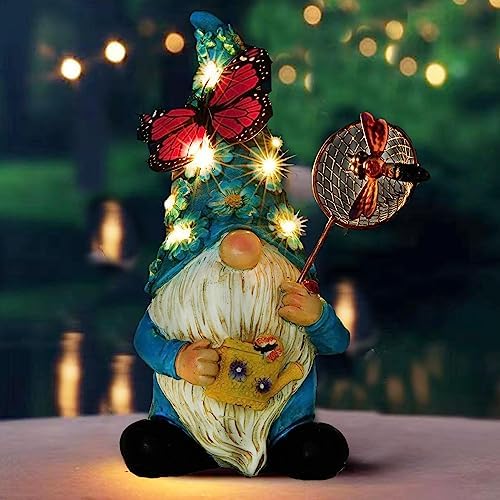 Garden Gnome Statues Outdoor Decor Solar Gnomes with Butterfly on LED Lighted Flowers, Resin Blue Gnomes Sculpture for Patio Yard Lawn Onament Decoration
