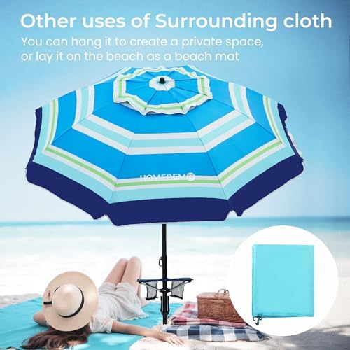 HOMEDEMO Heavy Duty High Wind Beach Umbrella with Sand Anchor,Built-in Table Tray & Tilt Pole&Hook& Curtain, UPF 50+ Windproof Portable Beach Umbrella for Patio Garden Pool Backyard