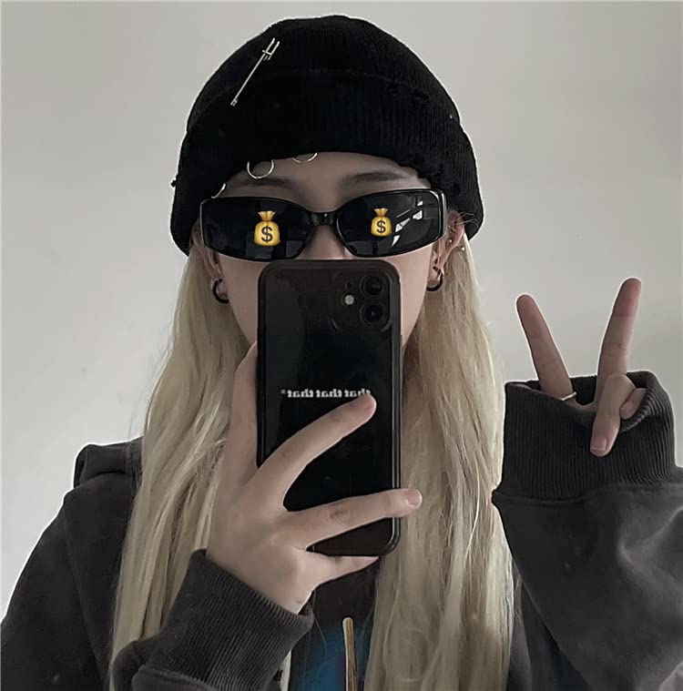 Gothic Beanie Winter Knit Hats Trendy Metal Rings Pin Hip Hop Streetwear Harajuku Y2k Skull Cap Emo Scene Grunge Accessories (Black,One Size)