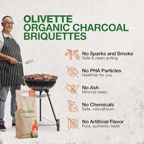 Organic Charcoal Briquettes by Olivette, Reusable Charcoal for Grilling, USDA Certified, Recycled Olive Tree Byproduct, Ready to Light BBQ Charcoal, 6.6 lb. Bag Equal to 20 lb. of a Regular Charcoal