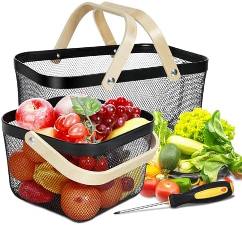 Dualshine 2 Pack Garden Harvest Basket, Metal Mesh Wire Picnic Basket with Handle, Rectangle Garden Baskets for Gathering Vegetables, Fruits, Kitchen, Home Cabinet Closet and Office(Black)