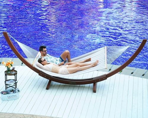 Lazy Daze Hammocks Quick Dry Hammock with Spreader Bar Textliene Fabric Double Outside Hammock with Chains Outdoor Patio Poolside Backyard Beach 450 lbs Capacity, Beige White Stripes
