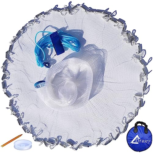 Drasry Saltwater American Fishing Cast Net 3/8inch Mesh Size for Bait Shrimp Trap Fish Heavy Duty Sinkers Throw Net 3FT to 12FT Radius 3FT Radius