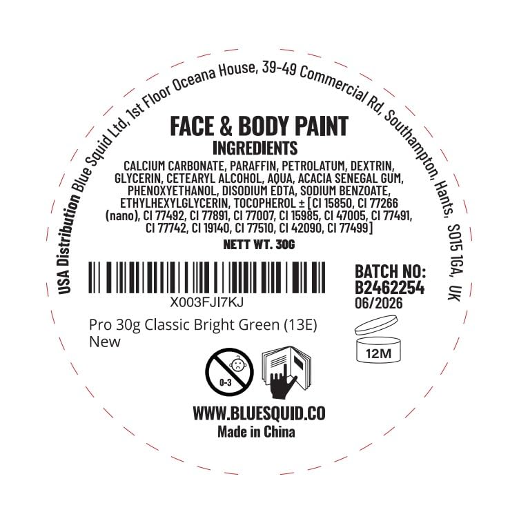 Blue Squid PRO Face Paint - Professional Water Based Single Cake Facepaint & Body Paints - SFX Makeup, Kids Adults Face Painting for Costume, Halloween, Cosplay - Classic Bright Green 30g / 1oz