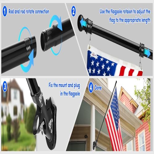Anovo Flag Pole Kit- Stainless Steel 5 FT Flag Poles with1 Inch Metal 360° Rotating Flag Pole Rings Clip, Two-Position Flag Pole Holder Brackets Mounting for Outside House Outdoor Porch (5 FT - Black)