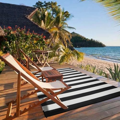 STRICKLANDHOME Outdoor Rug Waterproof 5 x 8 ft, Reversible Plastic Straw Rug for Patio, Large Outdoor Carpet for RV, Patio, Camping, Backyard, Deck, Picnic, Beach, Black & White