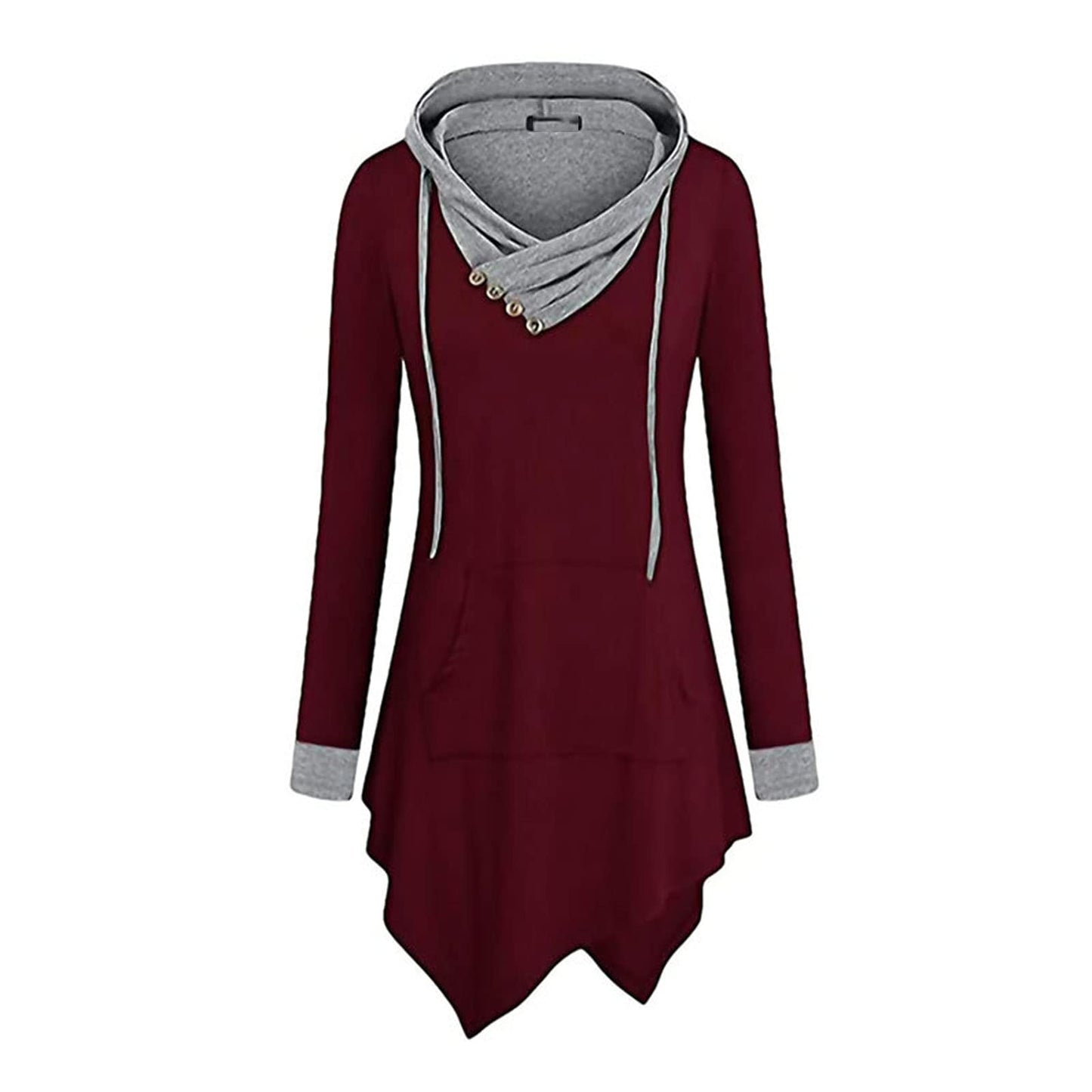 JEsilunmaMY Womens Hoodies Long Sleeve V Neck Irregular Hem Pullover Tops Solid Color Loose Patch Pocket Hooded Sweatshirt (Red1,Small)