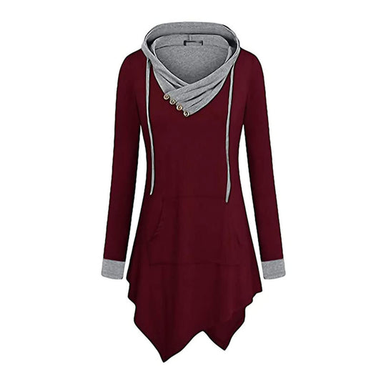 JEsilunmaMY Womens Hoodies Long Sleeve V Neck Irregular Hem Pullover Tops Solid Color Loose Patch Pocket Hooded Sweatshirt (Red1,Small)