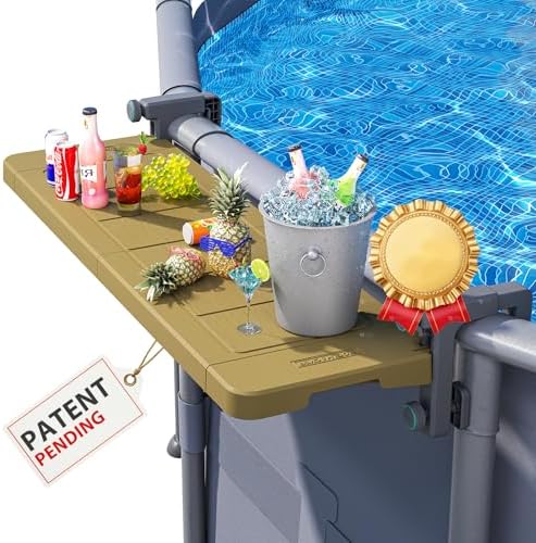 Poolside Bar, [Original] Swim Up Bar Exclusively for Above-Ground Round Pools. Patio Poolside Table Smart Fold Easy Maintenance, Weather Resistant Stable Tabletop (Amber Brown)