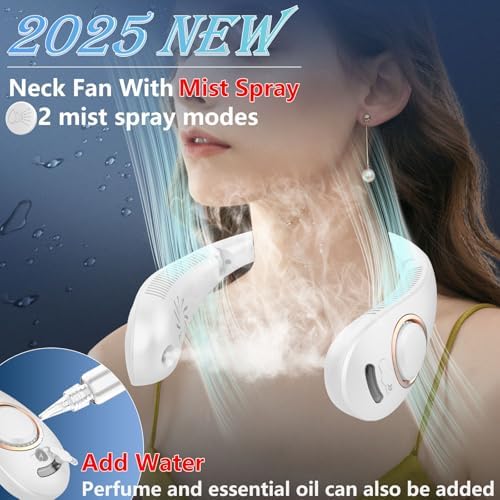 Neck Fan Rechargeable-Misting Neck Fans that Blow Cold Air,Folding Neck Cooling Fan with LED Display&5 Fan Speeds,Indoor Outdoor Hanging Bladeless Battery Powered Neck Cooler for Women Men Kids White