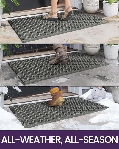 DEXI Front Door Mat Outside Entrance Rubber 24x36, Welcome Floor Doormat Heavy Duty Non Slip, Dirt Trapper Waterproof Exterior Entry Mats All Weather for Patio Entryway Drainage, Grey