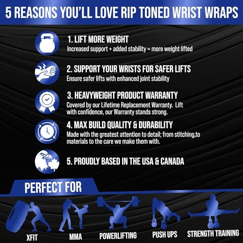 Rip Toned 18” Wrist Wraps - Wrist Straps for Weightlifting - Lift Better, Protect Wrist Pain - Adjustable, Durable, Machine Washable - Wrist Brace for Weightlifting - USPA Endorsed for Men & Women