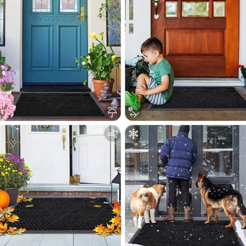 Smiry Front Door Mat Outside Entrance, Heavy Duty Sturdy Natural Rubber Doormat, Trap Dirt and Moisture, Easy Clean Low Profile Welcome Floor Mats for Indoor Outdoor Entry, 36x24 Inch, Black