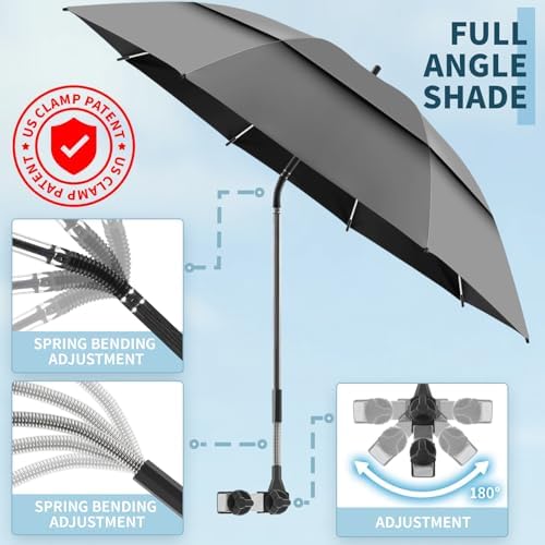 2 Pack 48.6" Double Canopy Umbrella with Clamp, UPF50+ Beach Chair Umbrella with clip, 360°Adjustable Portable Outdoor Wheelchair, Patio, Golf Carts,Camping(Not Include Chair)