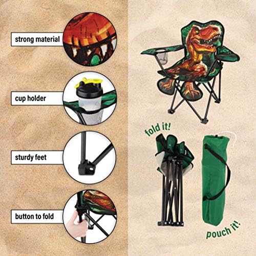 Toy To Enjoy Outdoor Dinosaur Kids Camping Chair – Foldable Children’s Chair for Camping, Tailgates, Beach, – Carrying Bag Included Mesh Cup Holder & Sturdy Construction. Ages 5 to 10 (Patent Pending)