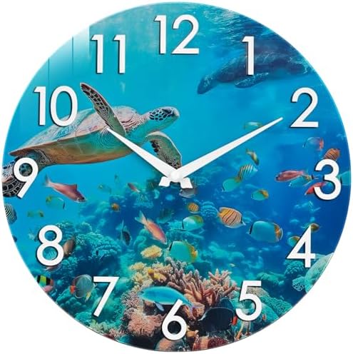 Outdoor Clock Waterproof - Nautical Ocean Decor Indoor Outdoor Wall Clocks for Patio Pool Garden Bathroom Home - Blue 12 Inch Glass, Sea Turtle Underwater Theme