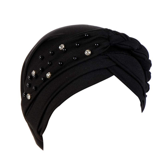 beauty YFJH Women Hijab Beading Pre-Tied Twisted Braid Turban Hat Head Scarf Cancer Chemo Beanies Headwear Headwrap Cap (Black)
