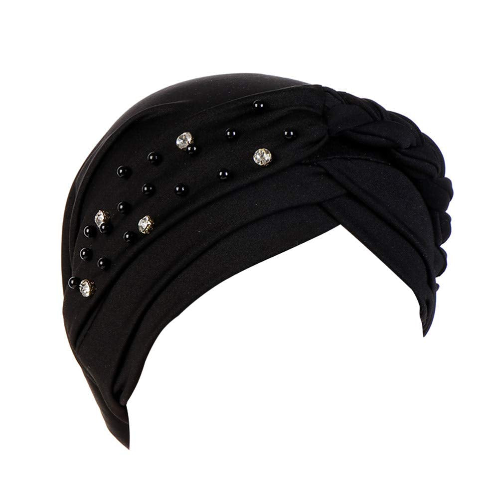 beauty YFJH Women Hijab Beading Pre-Tied Twisted Braid Turban Hat Head Scarf Cancer Chemo Beanies Headwear Headwrap Cap (Black)