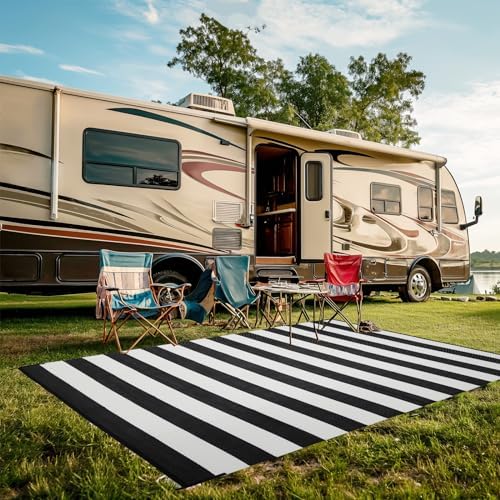 STRICKLANDHOME Outdoor Rug Waterproof 5 x 8 ft, Reversible Plastic Straw Rug for Patio, Large Outdoor Carpet for RV, Patio, Camping, Backyard, Deck, Picnic, Beach, Black & White