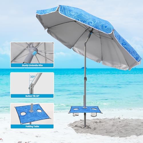 7ft Beach Umbrella with Built-in Table Tray，UPF 50+ beach umbrellas for sand heavy duty wind portable, Windproof Outdoor Shade Umbrella for Patio Garden