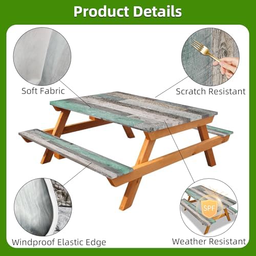 Picnic Table Cover with Bench Covers Farmhouse Waterproof Windproof Fitted Outdoor Tablecloth with Elastic Rectangle Table Cloth Camping Must Haves Rv Accessories,72x30 Inch (Wood Green)
