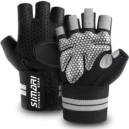 SIMARI Breathable Workout Gloves for Men Women, Padded Weight Lifting Gloves with Wrist Wraps Support, Full Palm Protection, Grip for Gym Training, Fitness, Weightlifting, Exercise Fingerless Black