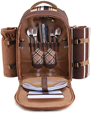 apollo walker Picnic Backpack Bag for 2 Person with Cooler Compartment, Detachable Bottle/Wine Holder, Fleece Blanket, Plates and Cutlery(2 Person, Brown)