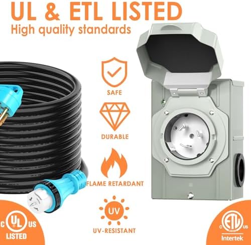 UL Listed 50 Amp 25FT Generator Cord and Power Inlet Box Combo Kit NEMA 14-50P Male to SS2-50R STW 6/3+8/1 AWG 125/250V Twist Locking with Inlet Box for Generator to House
