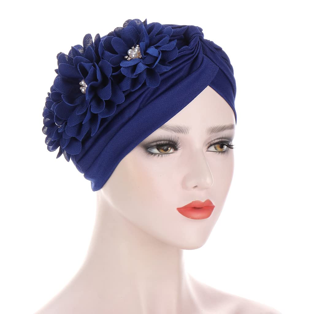 YYAOJHAO Women Flower Turban hats - Ruffle Pre tied Headwrap Caps Chemo Beanies Hijab Headscarf for Cancer Patient Hair Loss (Polyester, Blue)