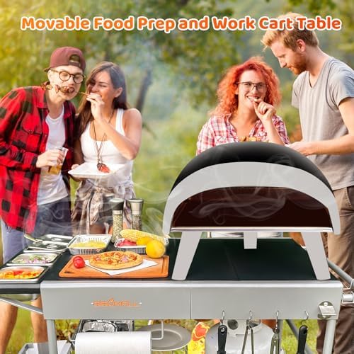 Pizza Oven Table Grill Cart with Pizza Topping Station Movable Food and Prep Workcart Outdoor Grill Table Stand for Ninja Woodfire Blackstone Griddle Cuisinart etc Grill