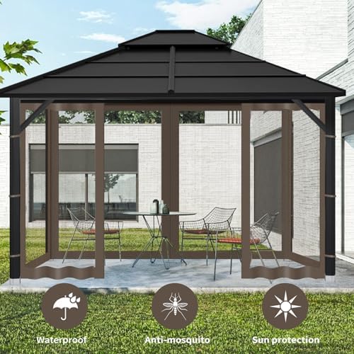 Gazebo Replacement Mosquito Netting Outdoor Universal Gazebo Canopy 4-Panels Screen Sidewalls with Zipper for Patio Garden Yard Backyard (Mosquito Net Only) (10x10, Coffee)