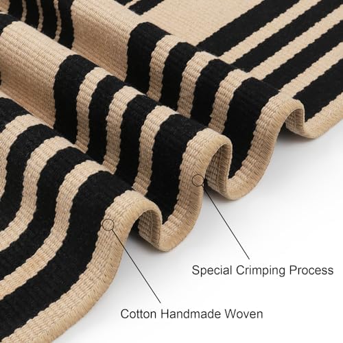 Black and Khaki Striped Rugs 3x5, Outdoor Cotton Hand Woven Front Door Mat,Washable Reversible Layered Door Mats, Foldable Front Porch Rug for Entryway/Home Entrance/Farmhouse