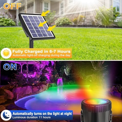 RGB Solar Pond Lights, 13 Lighting Modes Submersible LED Fountain Lights, Smart Auto ON/Off Color Changing Pond Light with IP68 Waterproof for Fish Aquarium Tank Garden Yard Pool, 2200mAh (3-in-1)